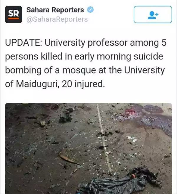 BREAKING: Bomb Explodes At University Of Maiduguri Mosque; Professor, 5 Students Killed (Photo)